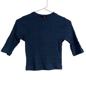 ASOS Cropped Top Elbow Sleeves Navy Blue Size Small Womens Cotton Casual Texture